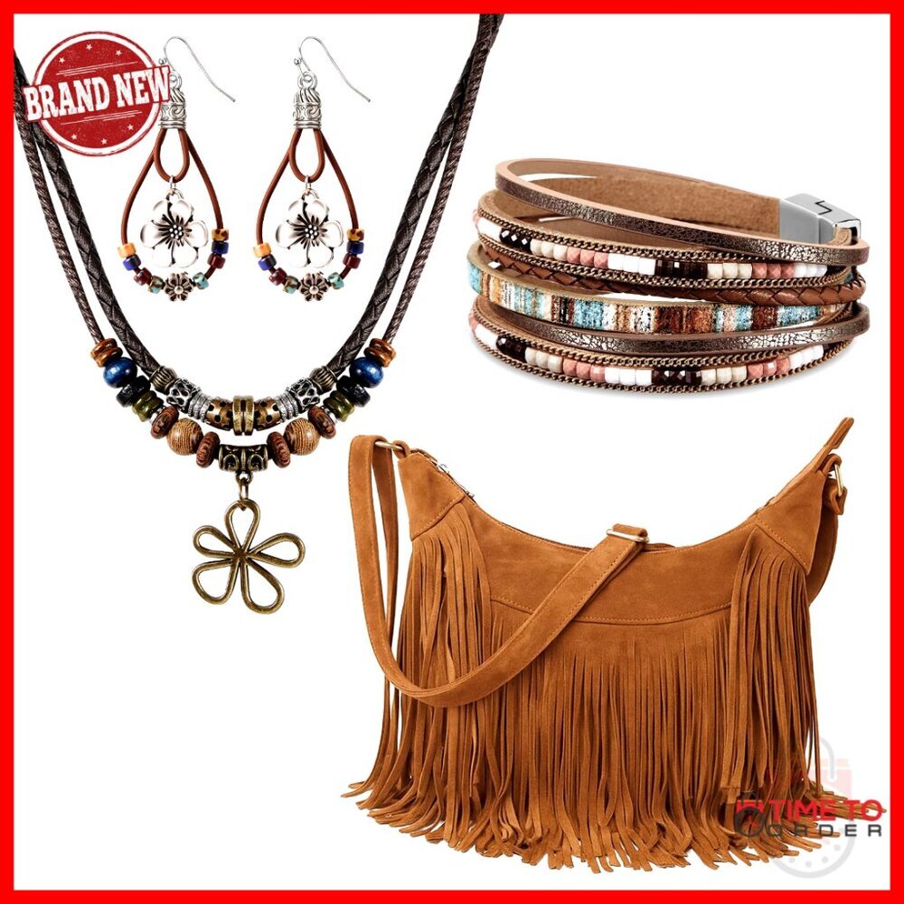 Boho Jewelry Set with Fringe Purse Leather Bracelets Layered Necklace Dangle - Picture 1 of 7